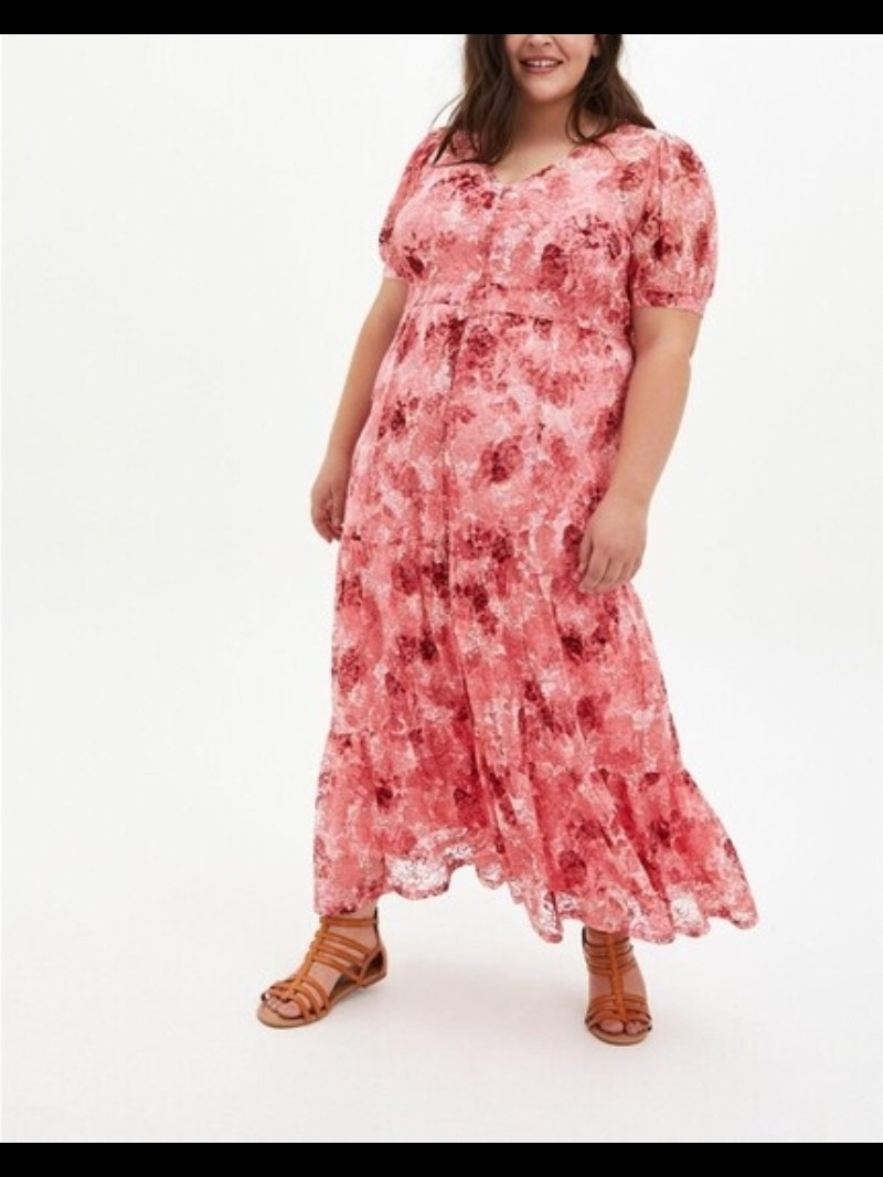 Torrid Pink Floral Lace Overlay Maxi Dress With Puff Sleeves